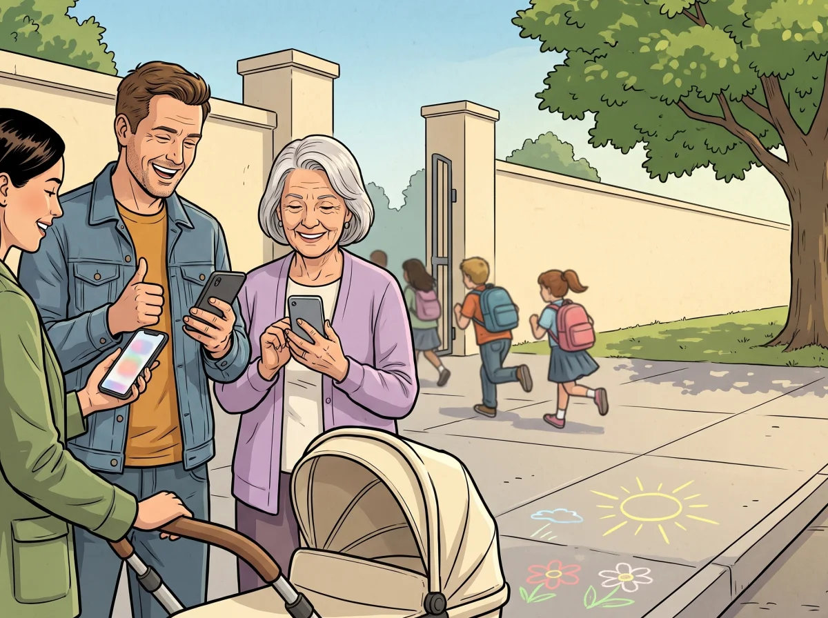 À la sortie de l’école, des parents participent depuis leur téléphone, souriants