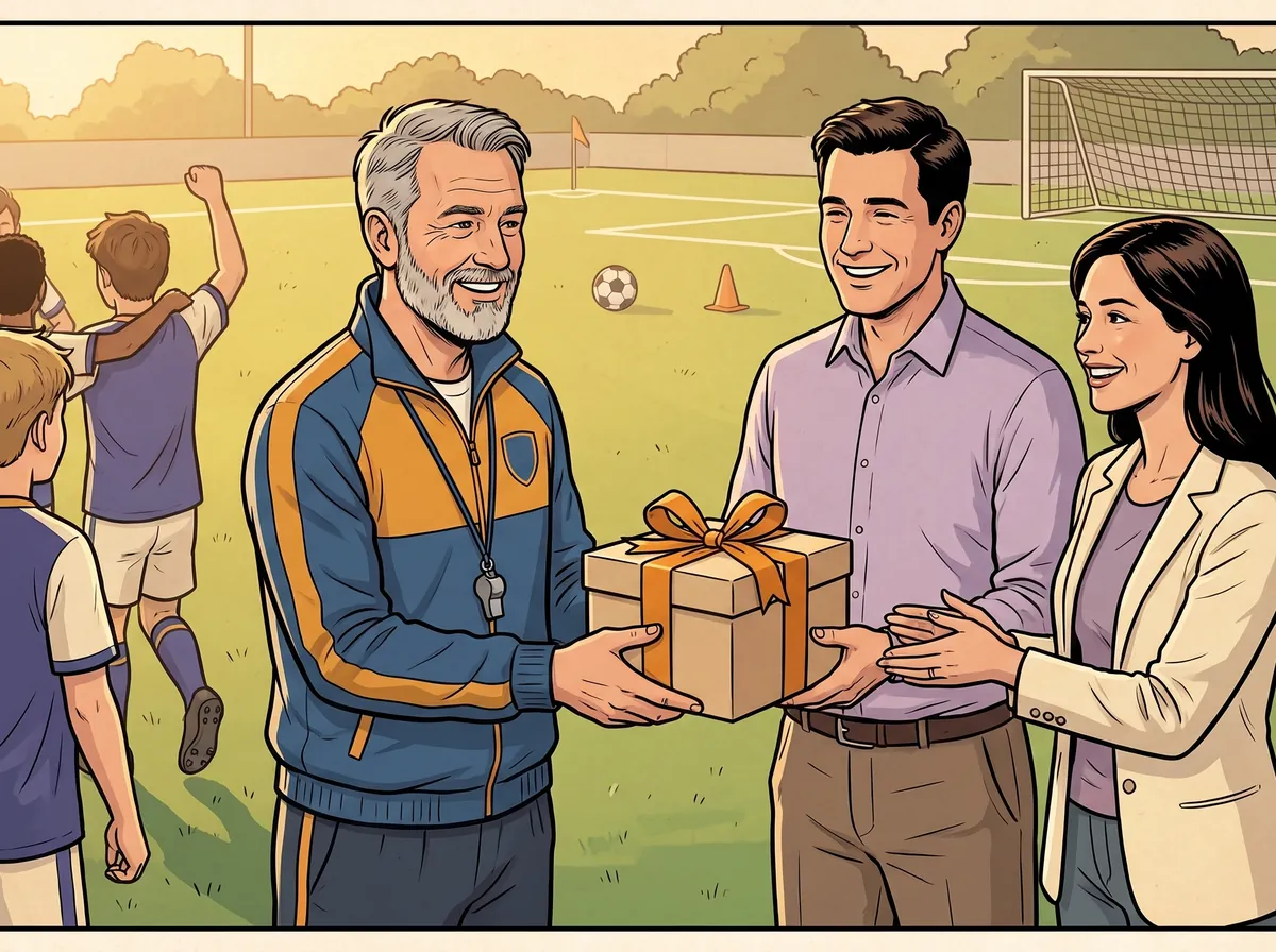 Des parents offrent un cadeau de remerciement à l’entraîneur de soccer de leurs enfants