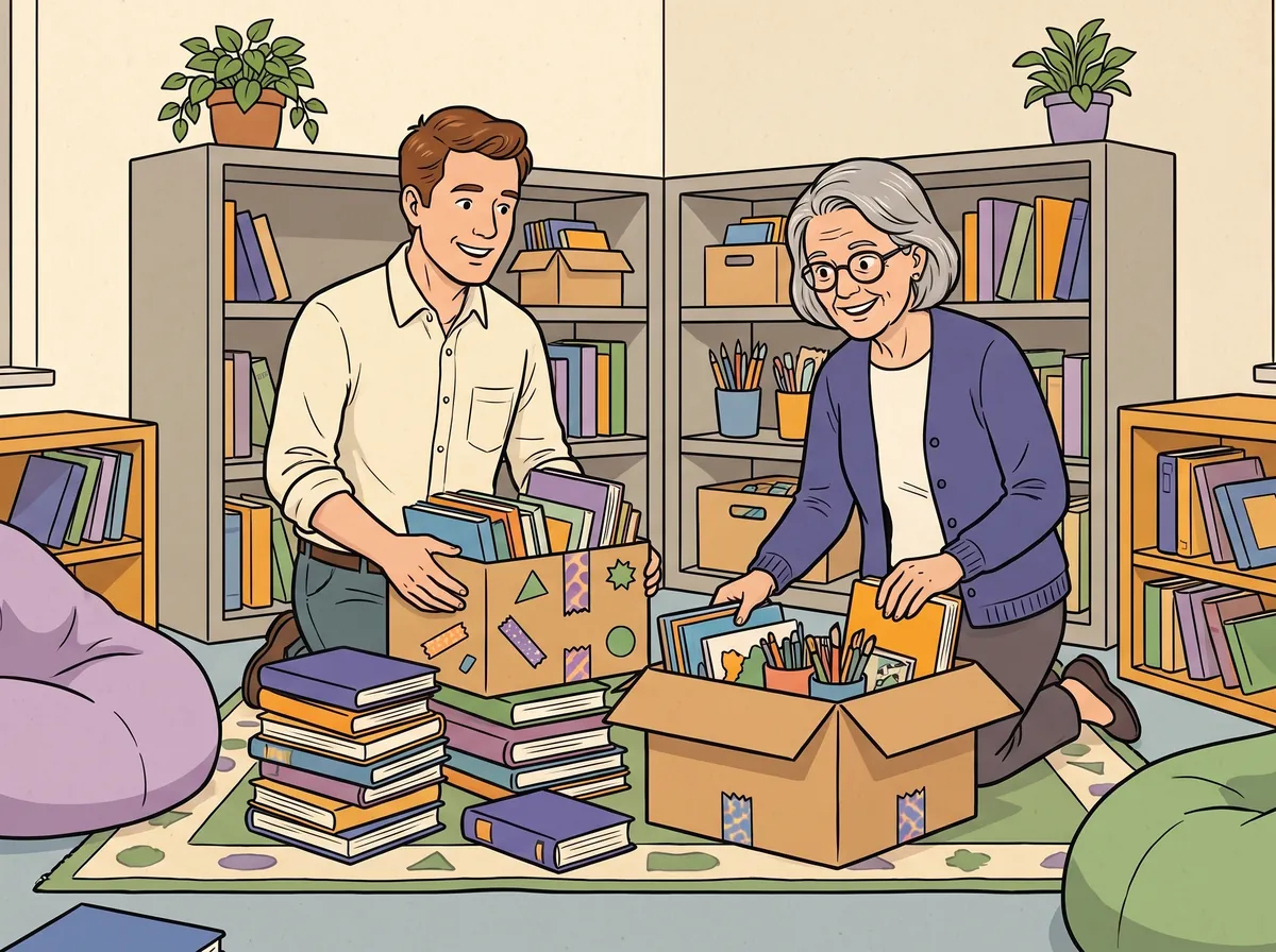 Une parent bénévole et une bibliothécaire déballent de nouveaux livres pour la bibliothèque de l’école