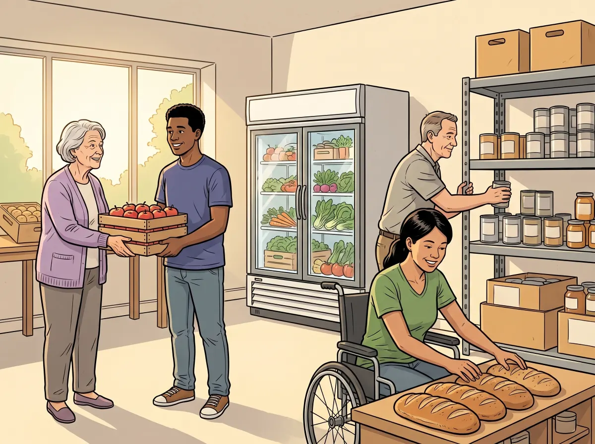 Volunteers stock the shelves of a food bank