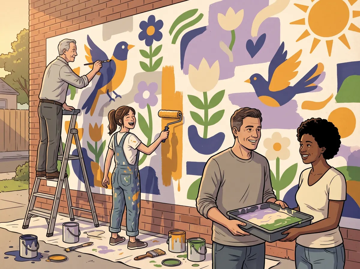 Des voisins peignent ensemble une murale communautaire