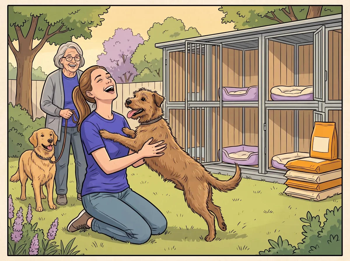 A volunteer hugs a dog in front of new kennels
