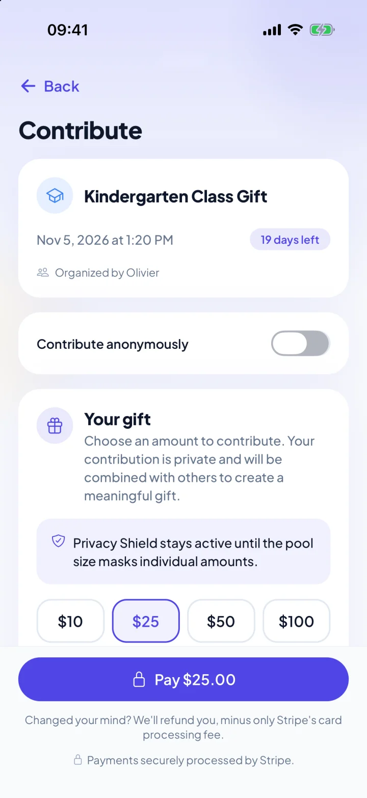 The KadoPool app's Contribute screen: a kindergarten class gift, $25 chosen, the amount kept private
