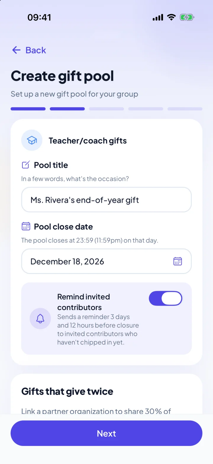 Creating a teacher or coach gift pool in the KadoPool app