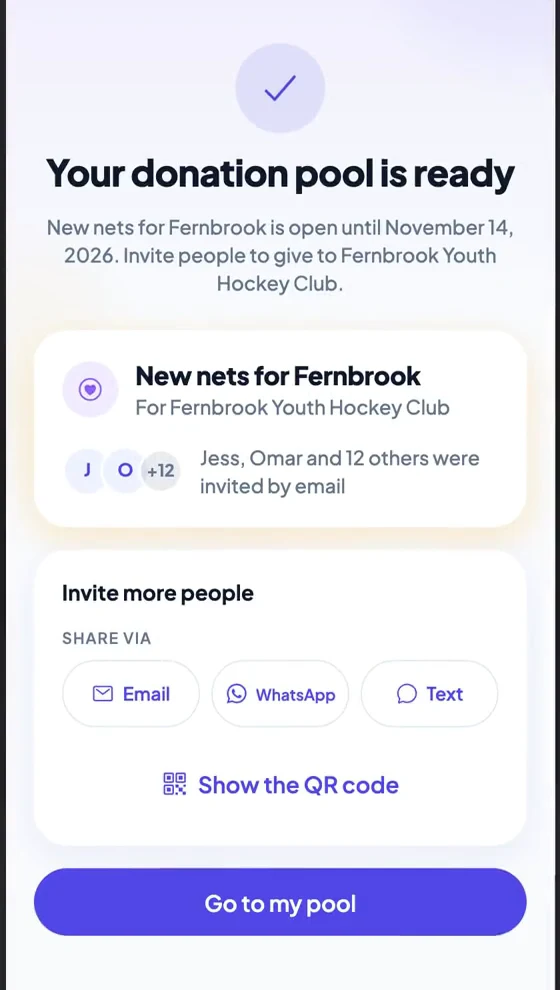 The KadoPool app: a donation pool for new nets is ready, invitations sent by e-mail, and buttons to share by e-mail, WhatsApp or text or to show the QR code