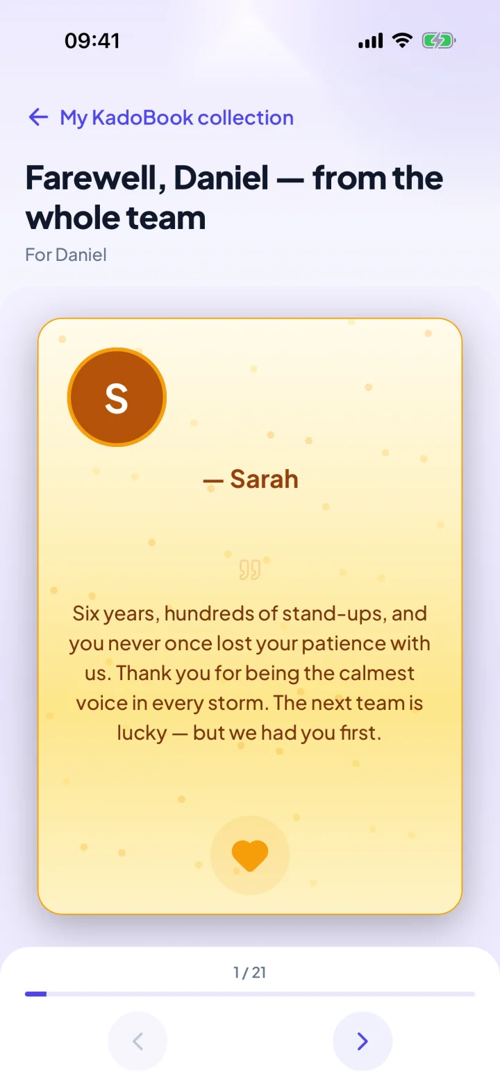 A KadoBook from the whole team in the KadoPool app