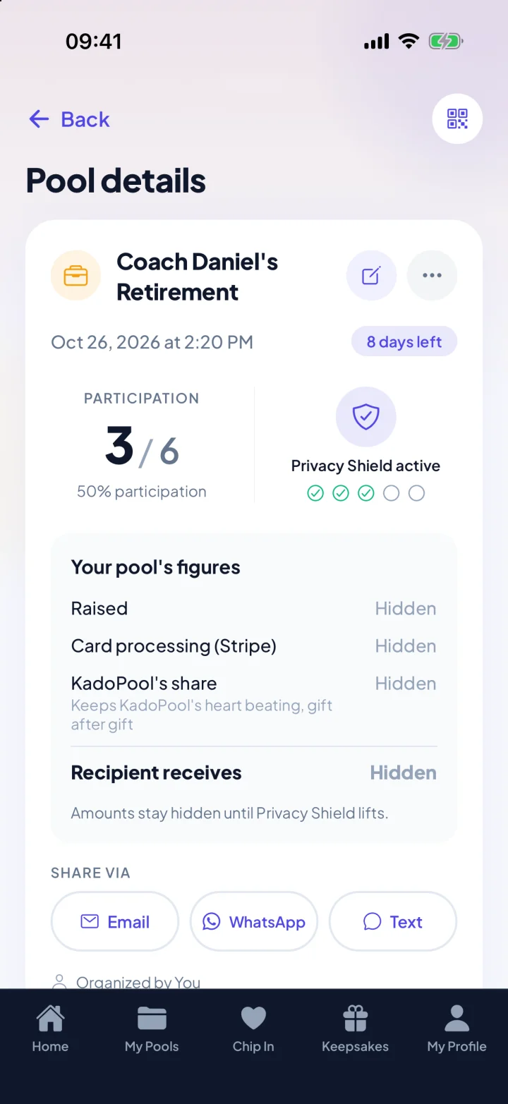 Pool details in the KadoPool app: who has chipped in, amounts hidden