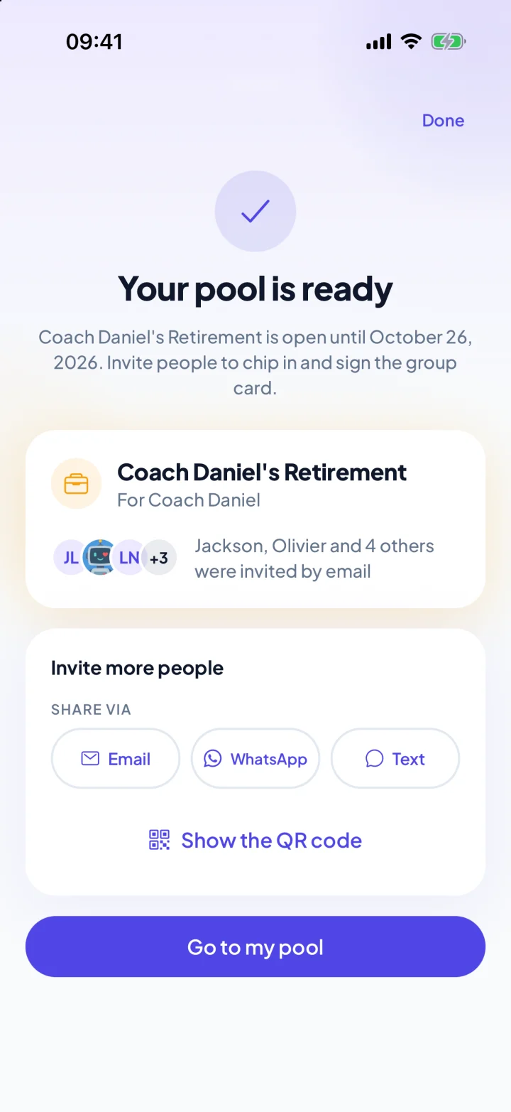 A coach gift pool ready to share in the KadoPool app