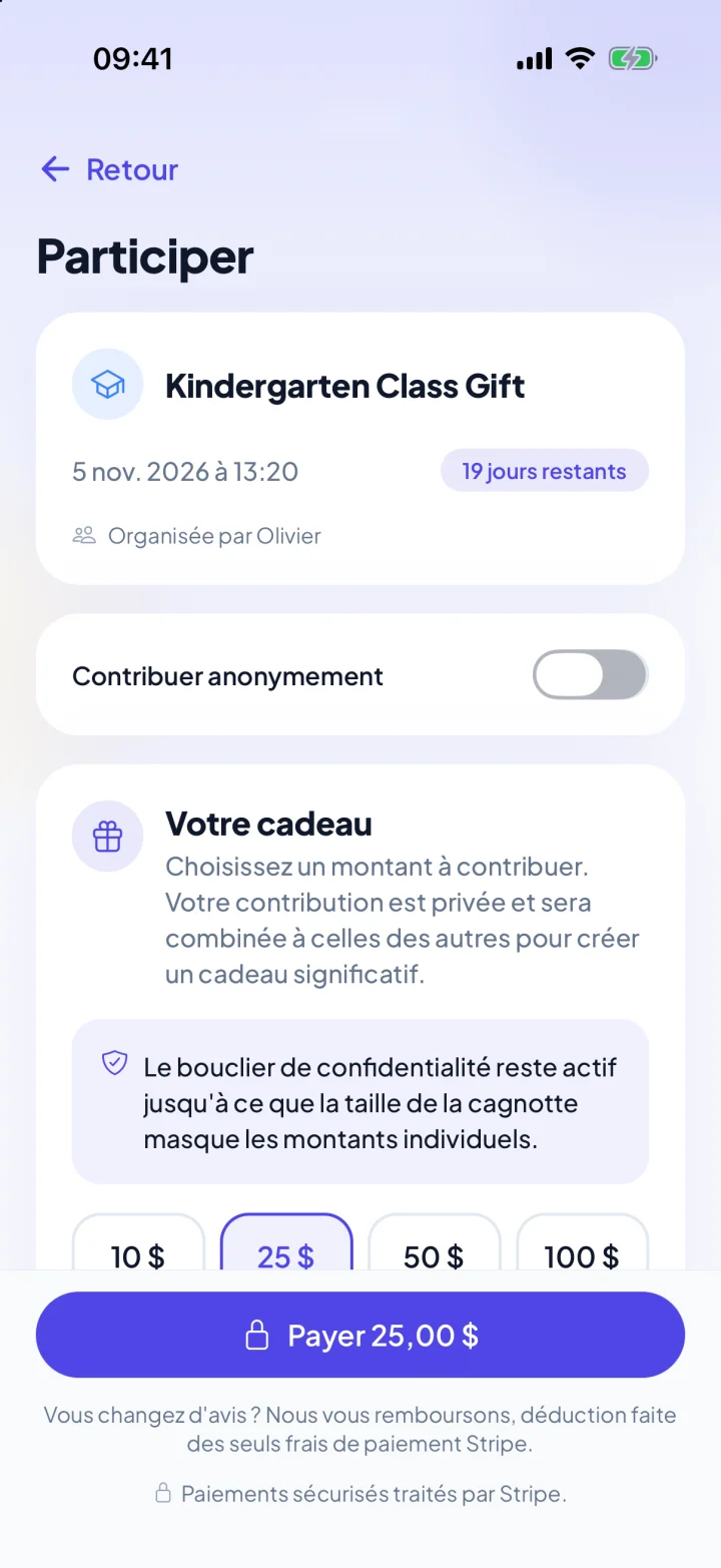 L’écran « Participer » de l’application KadoPool : un cadeau de classe de maternelle, 25 $ choisis, le montant reste privé