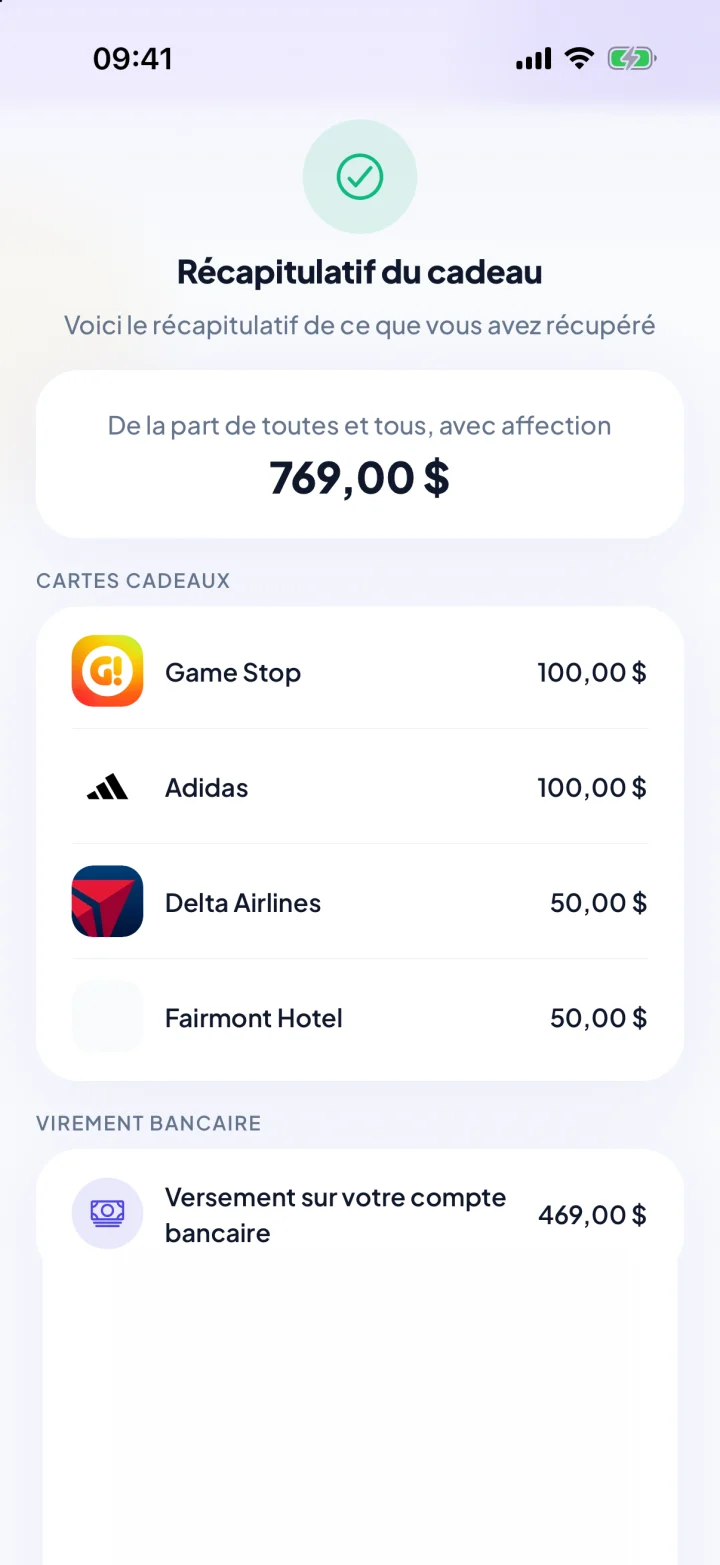 Le récapitulatif du cadeau dans l’application KadoPool : 769 $ de la part de toutes et tous, en cartes-cadeaux et en argent