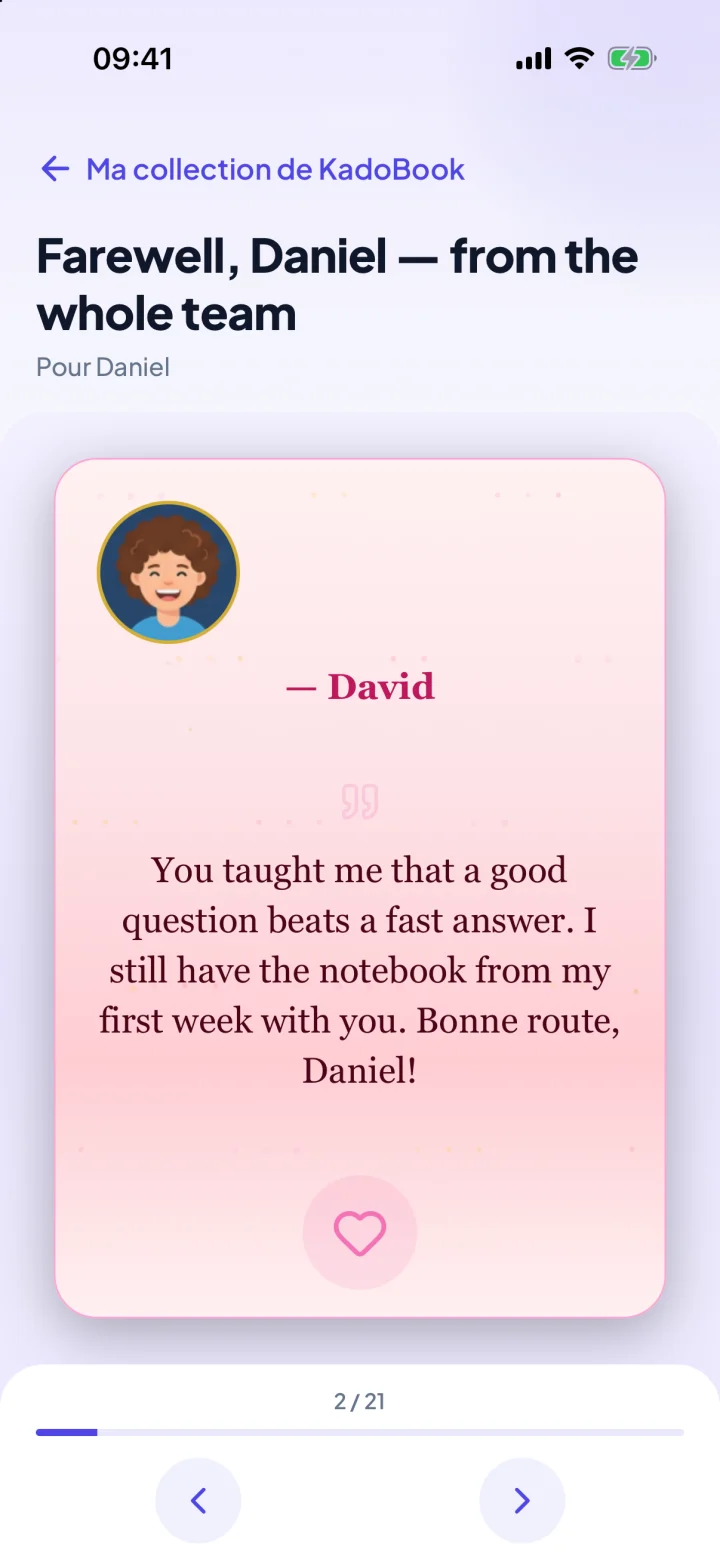 Ce que la personne fêtée reçoit : une page de KadoBook remplie de messages (exemple)