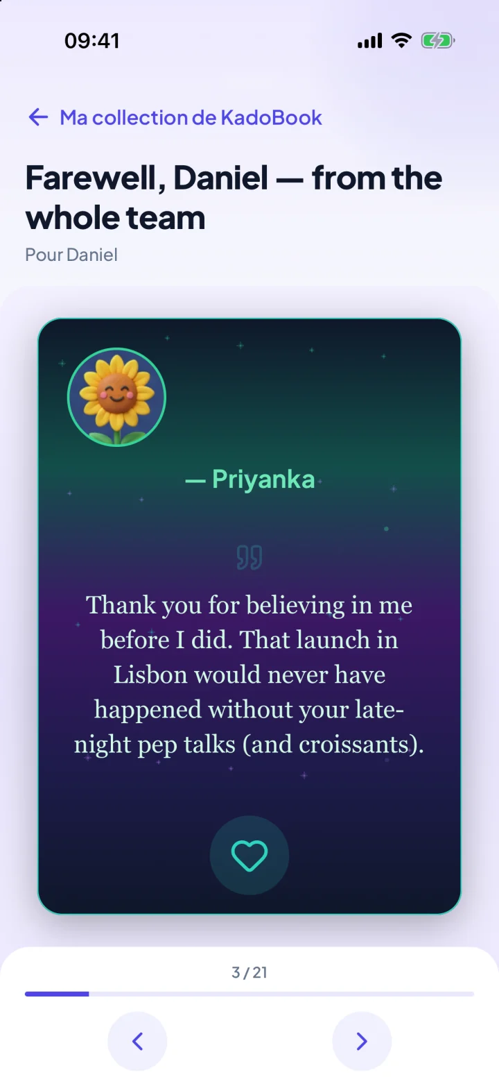 Un exemple de page de KadoBook dans l’application KadoPool : le message de Priyanka pour le départ d’un collègue