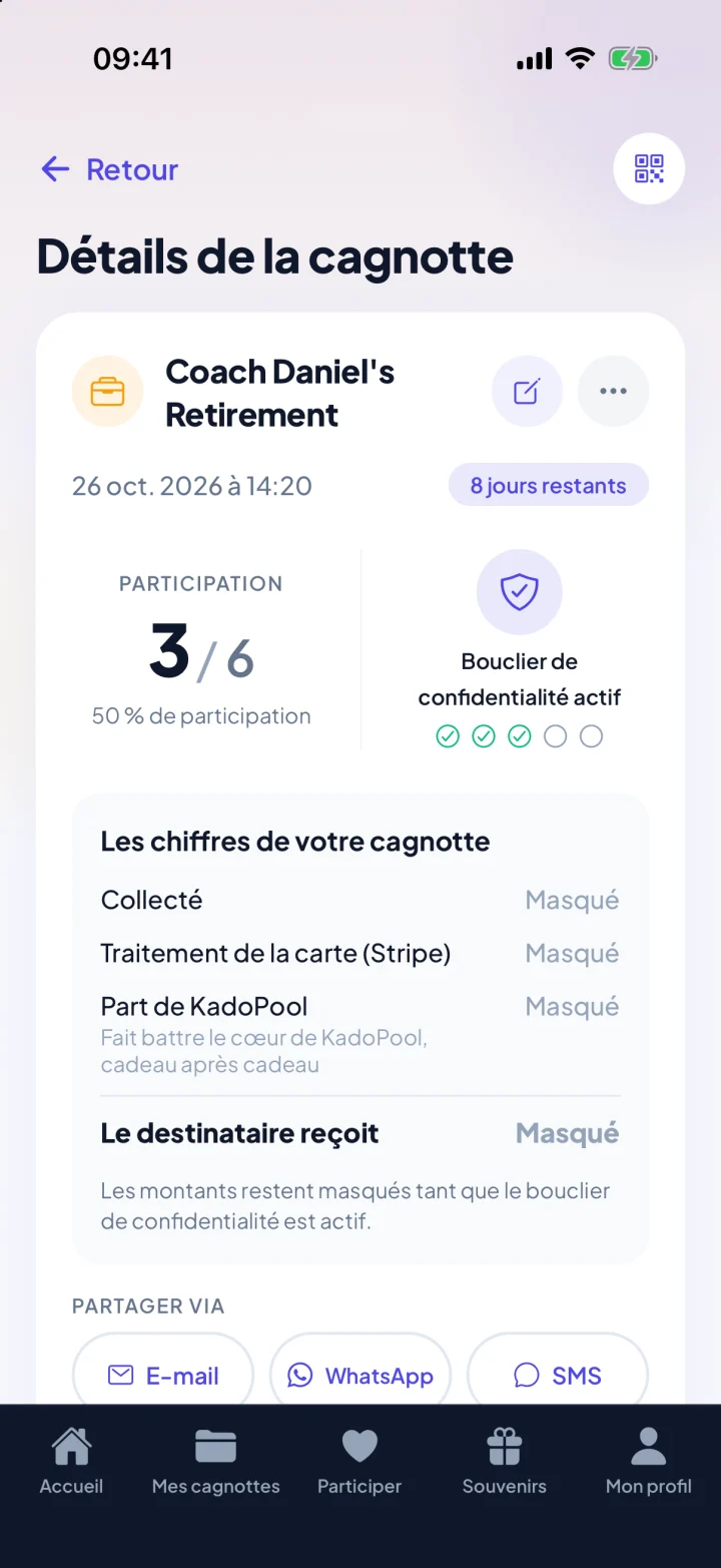La vue de l’organisateur dans l’application KadoPool : 3 personnes sur 6 ont participé, et chaque montant reste masqué (exemple)