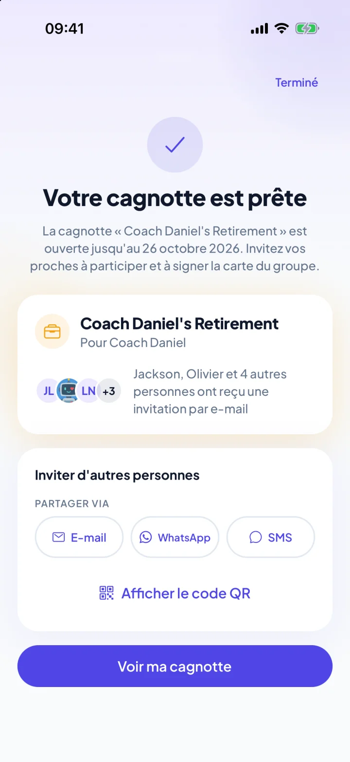L’application KadoPool juste après le lancement d’une cagnotte : « Votre cagnotte est prête », avec les boutons pour partager le lien par courriel, WhatsApp ou SMS (exemple)