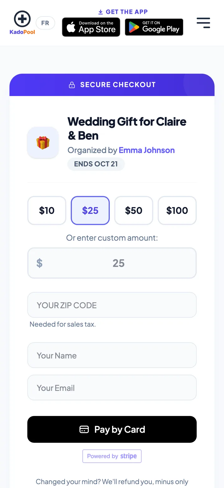 KadoPool's contribution page on a phone: a wedding gift for Claire and Ben, with the amounts to choose from
