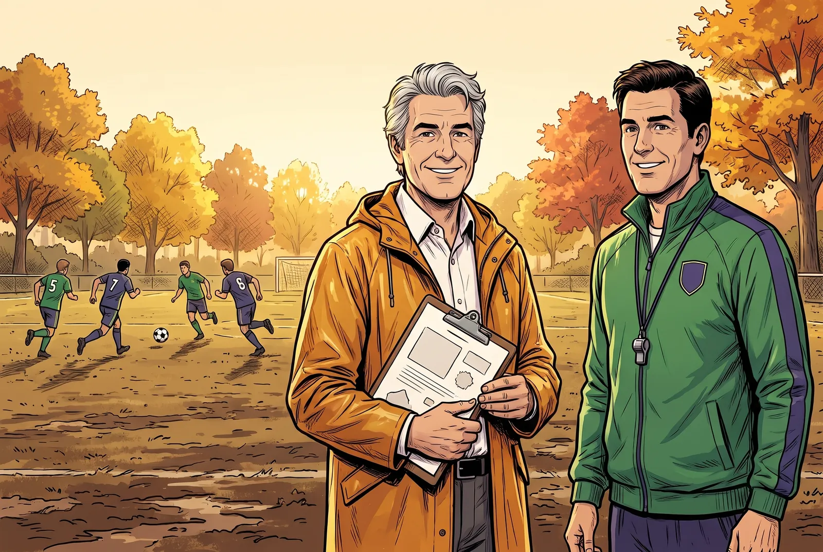 Marc and the coach on the sideline of the soccer field at the end of the season