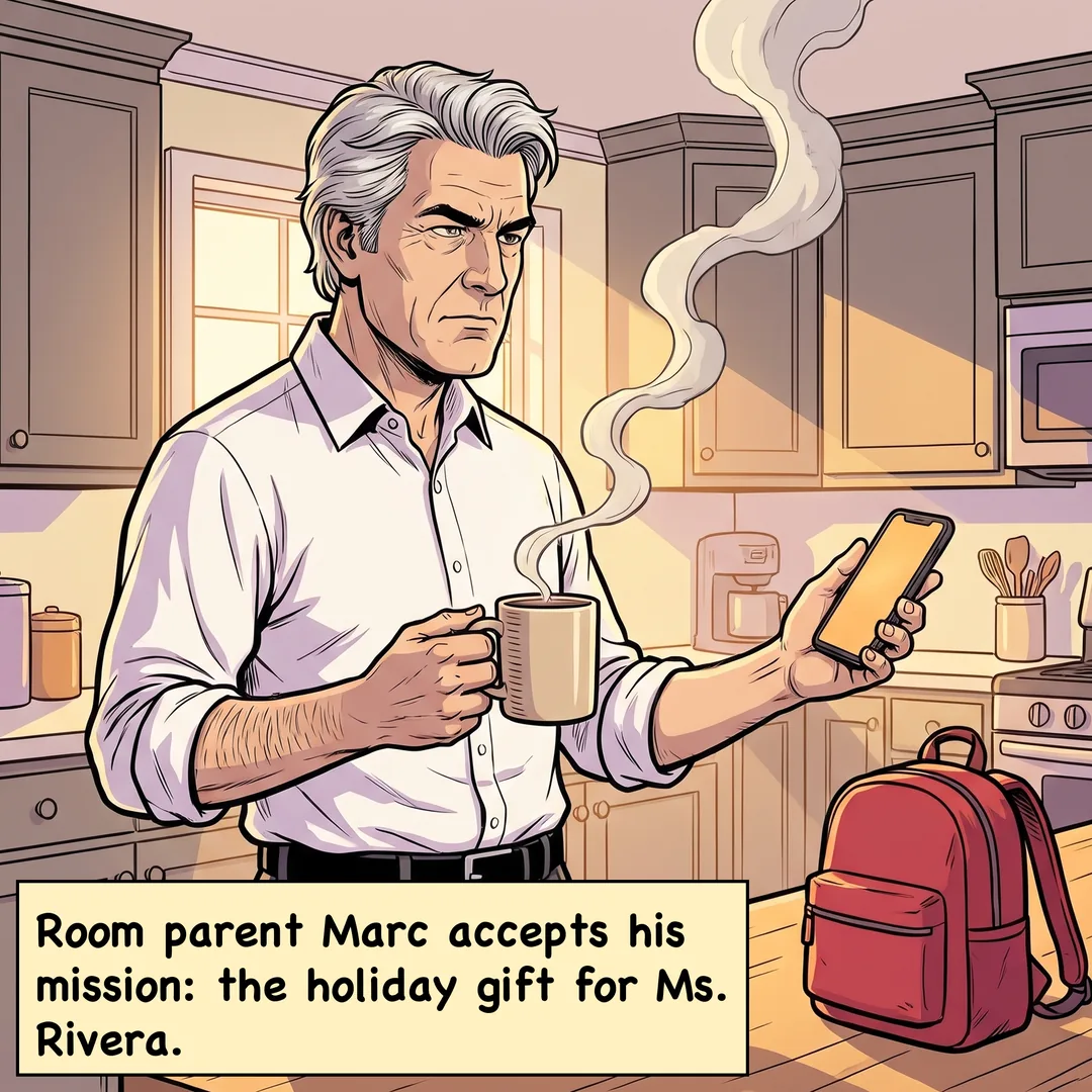 Marc, a room parent, in his kitchen at dawn with his coffee and his phone, ready for his mission. Caption: Room parent Marc accepts his mission: the holiday gift for Ms. Rivera.