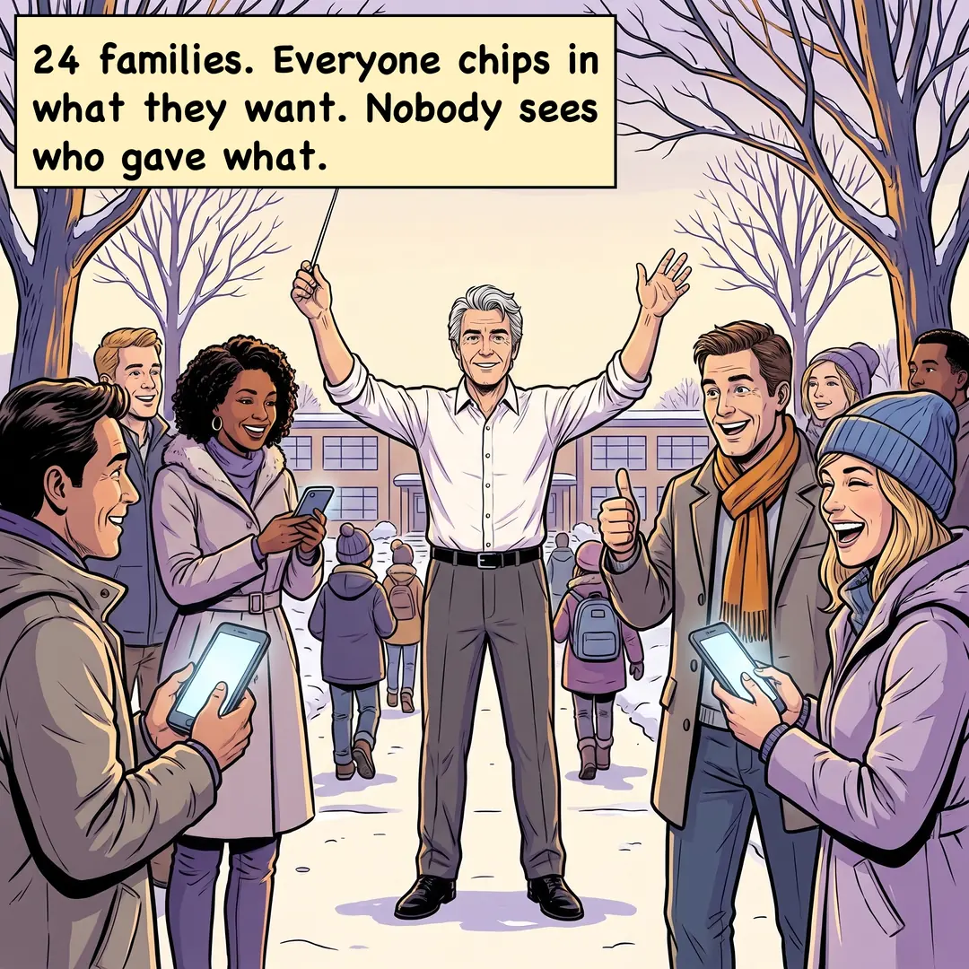 Marc conducting smiling parents in the school pickup line as they chip in on their phones. Caption: 24 families. Everyone chips in what they want. Nobody sees who gave what.