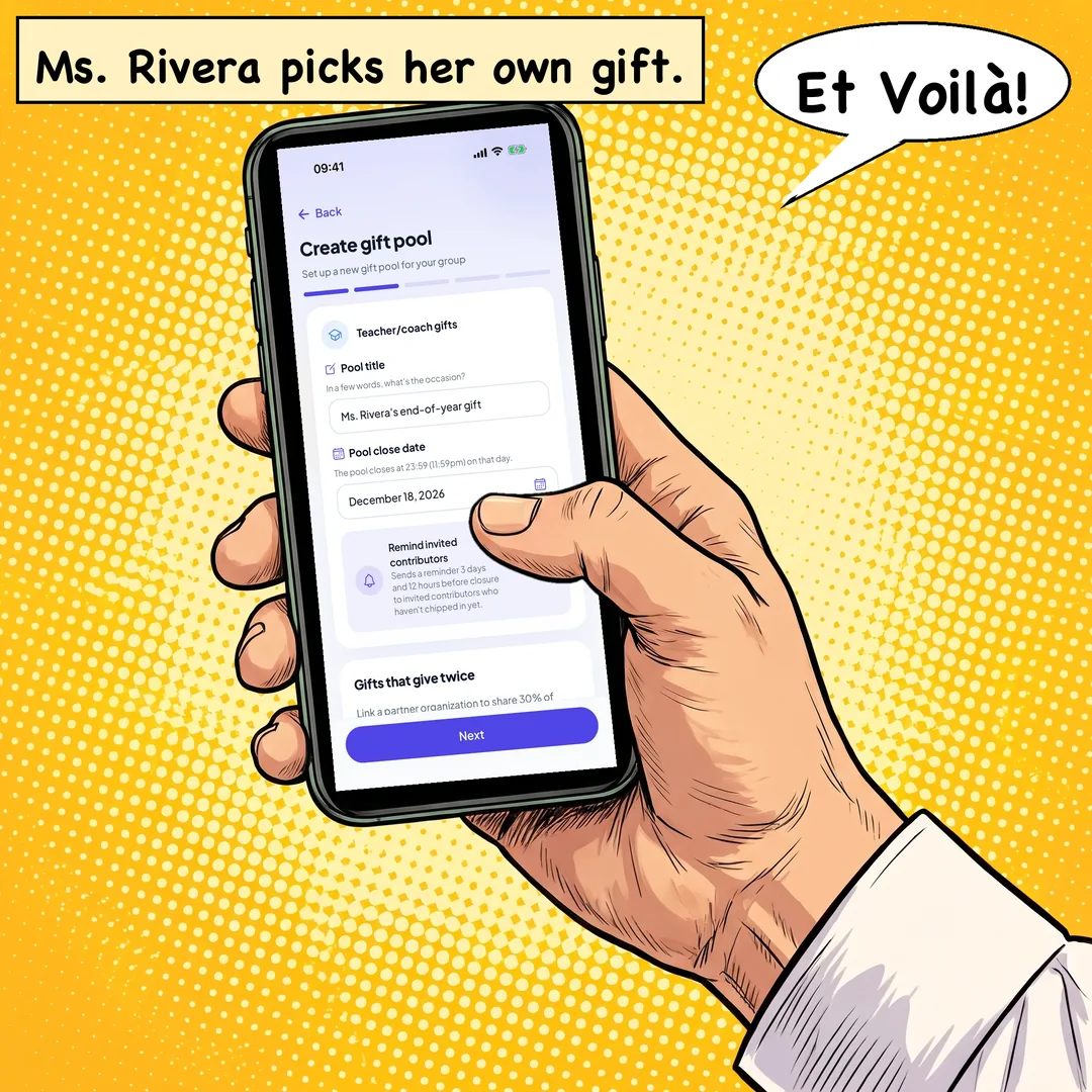Marc's hand holding his phone, showing the KadoPool app's Create gift pool screen. Caption: Ms. Rivera picks her own gift. Speech bubble: Et Voilà!