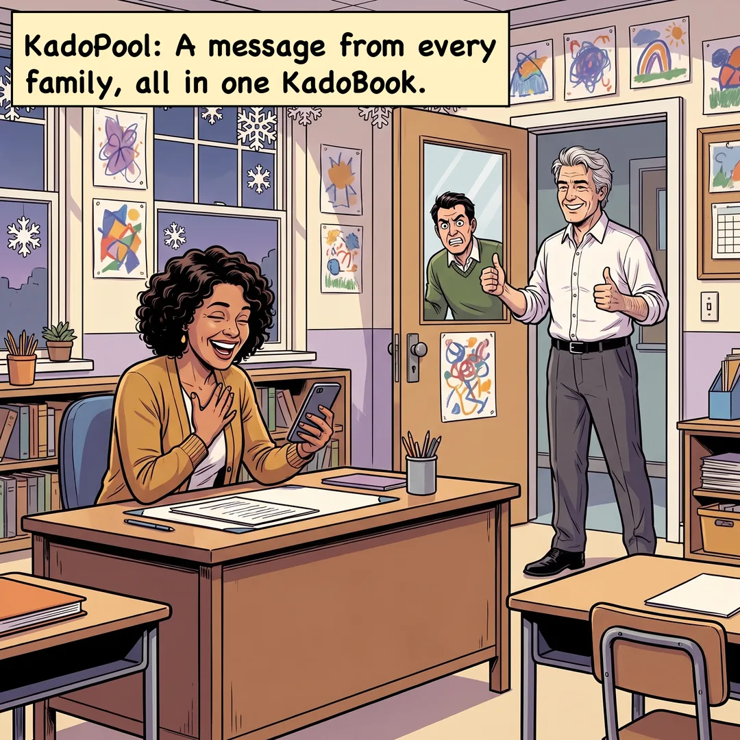 Ms. Rivera at her desk, delighted, reading her phone, while Marc gives a thumbs-up at the classroom door. Caption: KadoPool: A message from every family, all in one KadoBook.