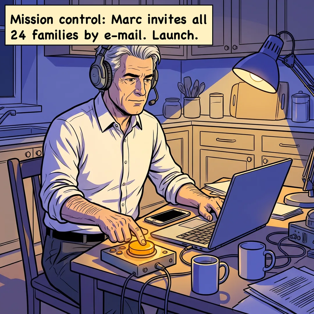 Comic panel 1 of 4. Caption: Mission control: Marc invites all 24 families by e-mail. Launch.