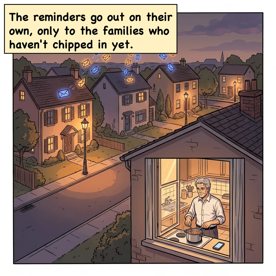 Comic panel 2 of 4. Caption: The reminders go out on their own, only to the families who haven't chipped in yet.