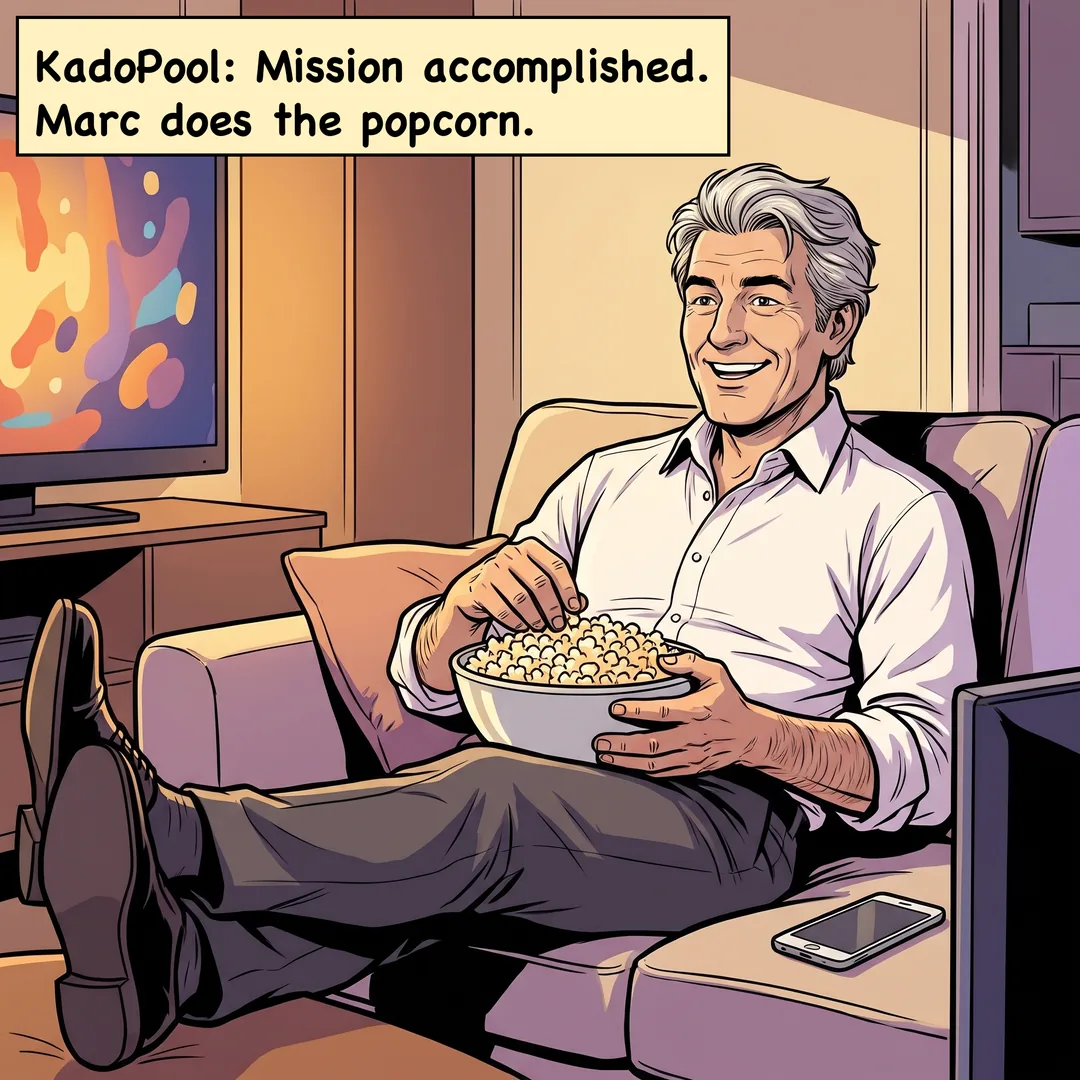 Comic panel 4 of 4. Caption: KadoPool: Mission accomplished. Marc does the popcorn.