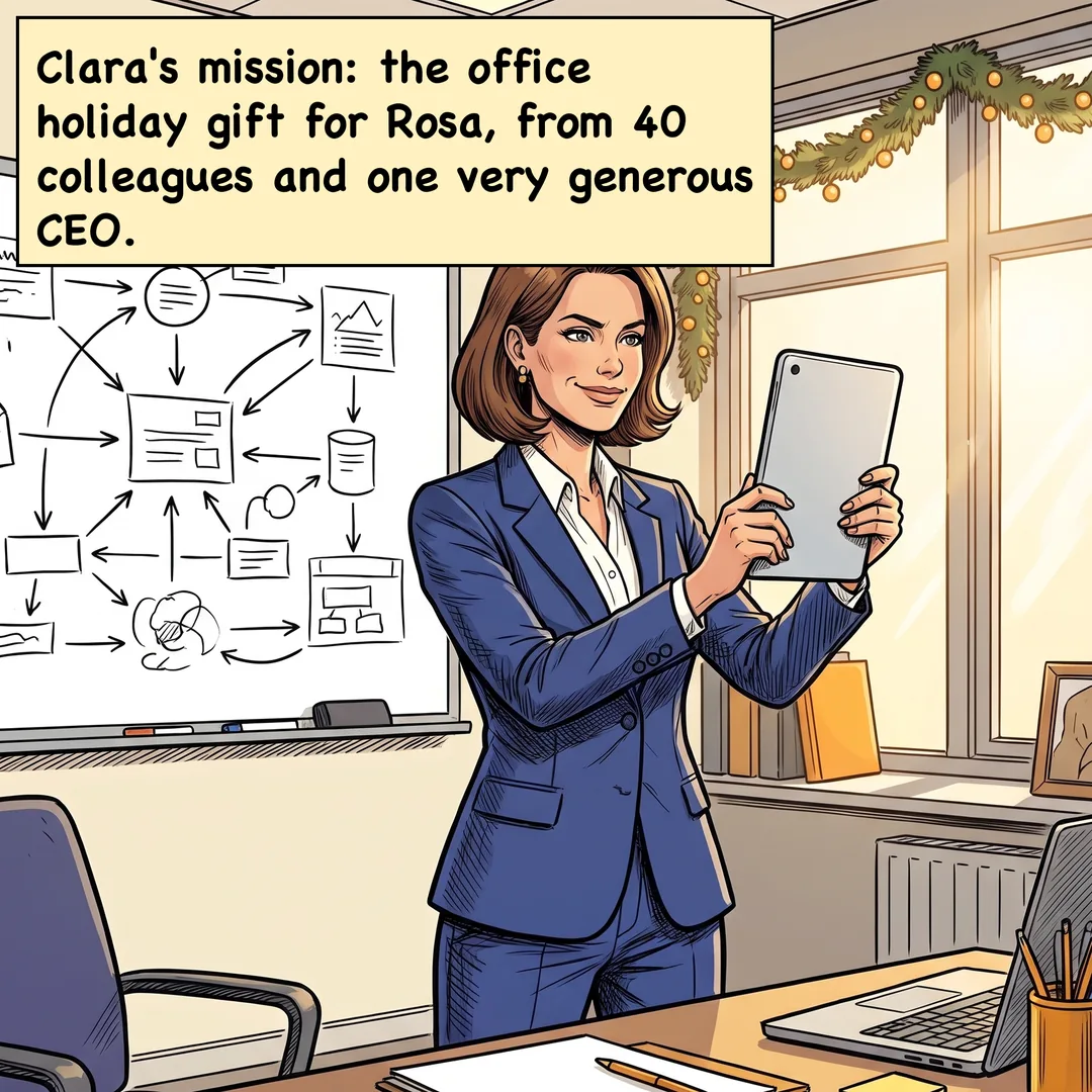 Comic panel 1 of 4. Caption: Clara's mission: the office holiday gift for Rosa, from 40 colleagues and one very generous CEO.