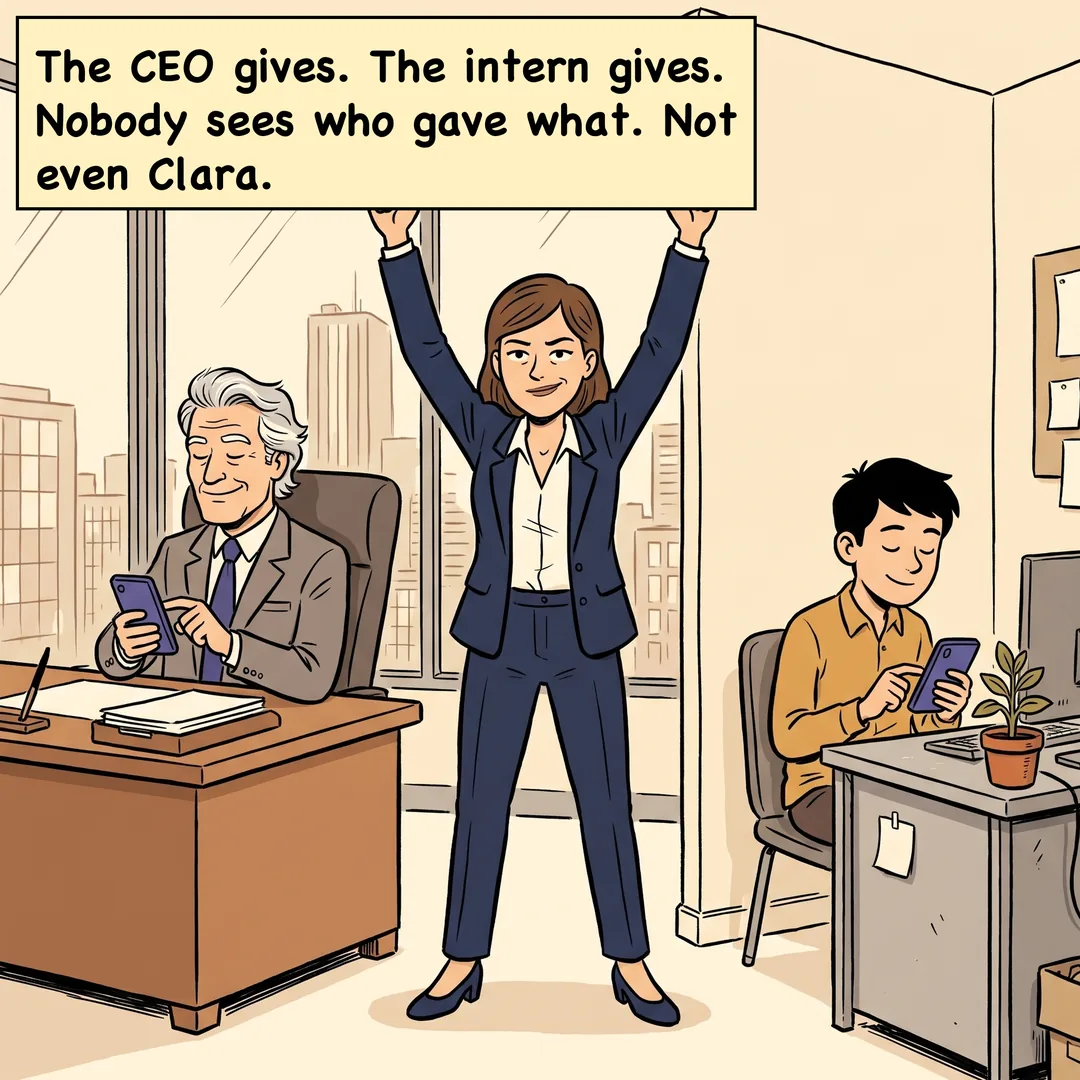 Comic panel 2 of 4. Caption: The CEO gives. The intern gives. Nobody sees who gave what. Not even Clara.