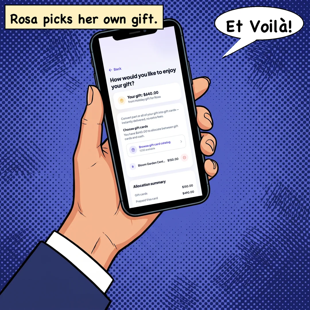 Comic panel 3 of 4. Caption: Rosa picks her own gift. Speech bubble: Et Voilà!