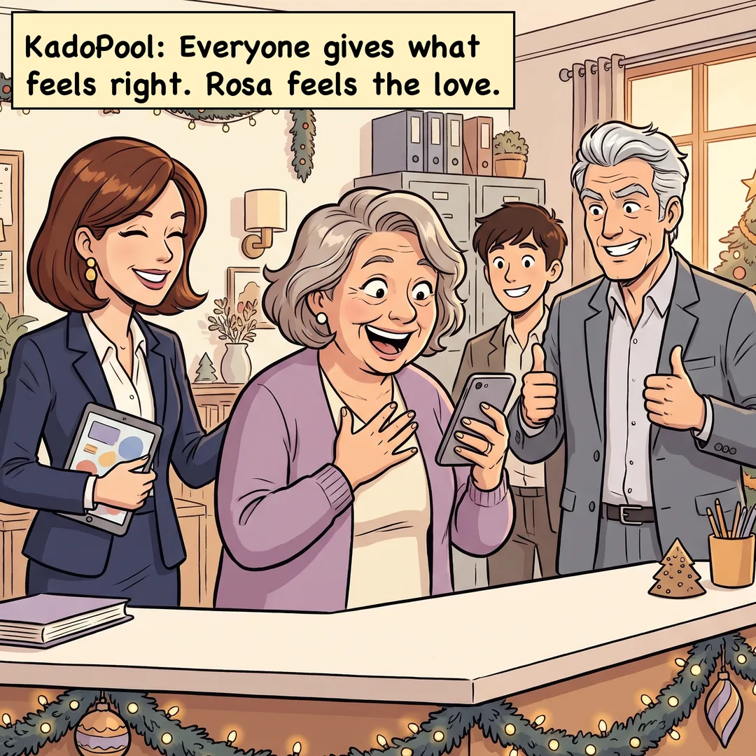 Comic panel 4 of 4. Caption: KadoPool: Everyone gives what feels right. Rosa feels the love.