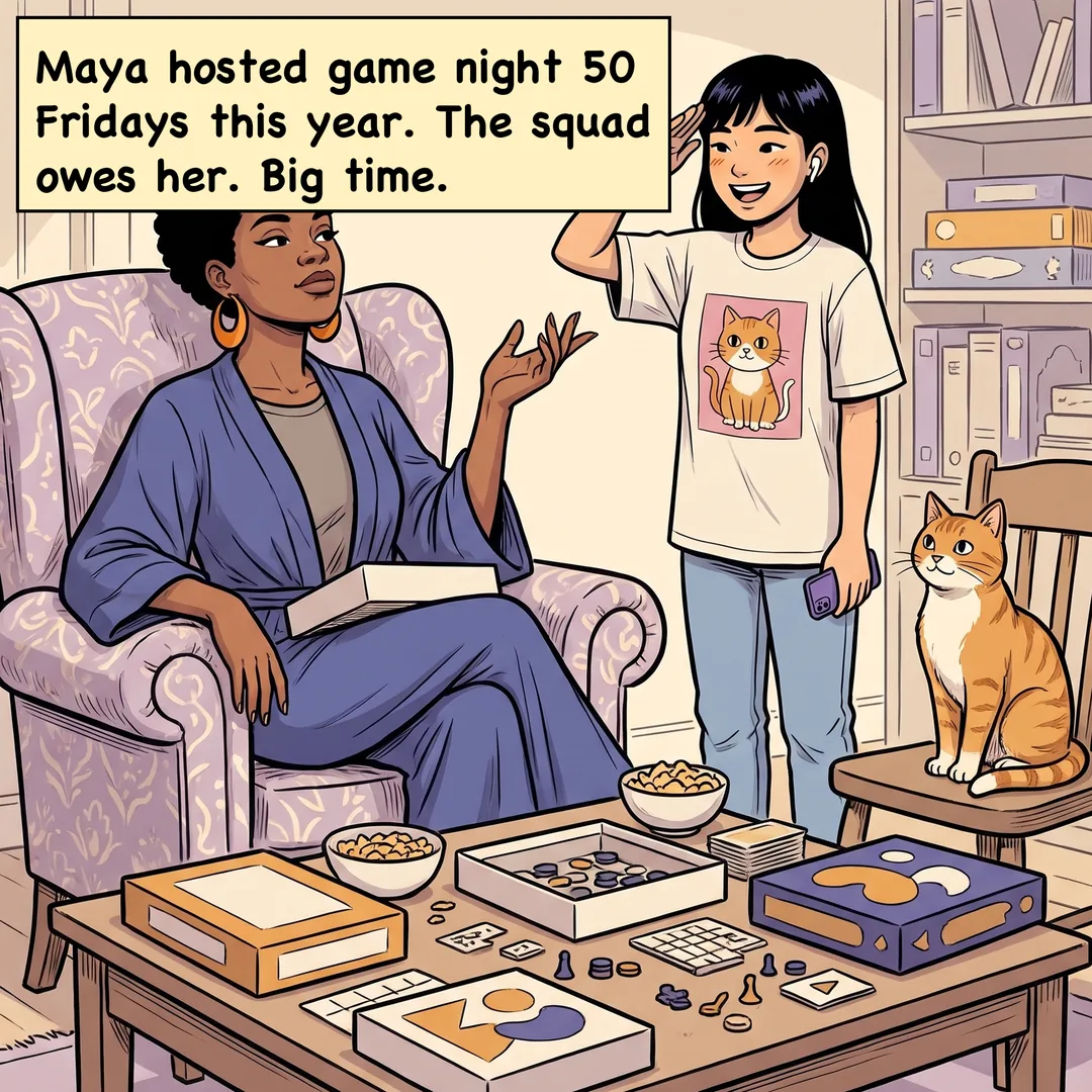 Comic panel 1 of 4. Caption: Maya hosted game night 50 Fridays this year. The squad owes her. Big time.