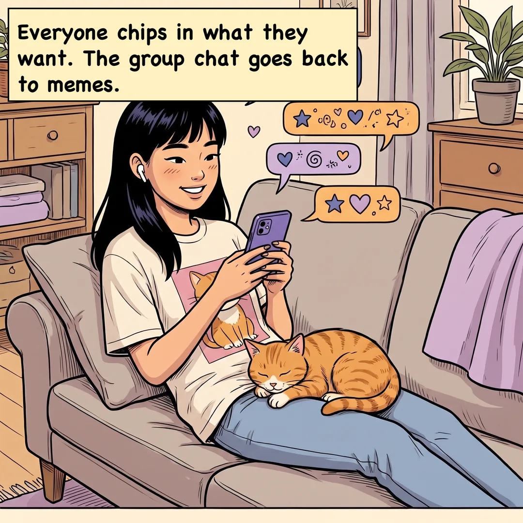 Comic panel 2 of 4. Caption: Everyone chips in what they want. The group chat goes back to memes.