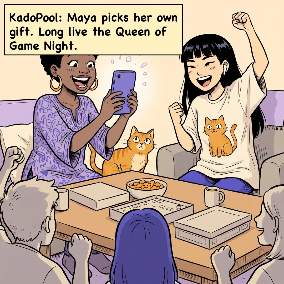 Comic panel 4 of 4. Caption: KadoPool: Maya picks her own gift. Long live the Queen of Game Night.