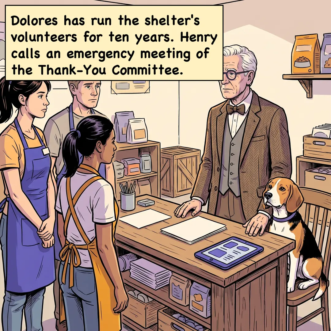 Comic panel 1 of 4. Caption: Dolores has run the shelter's volunteers for ten years. Henry calls an emergency meeting of the Thank-You Committee.