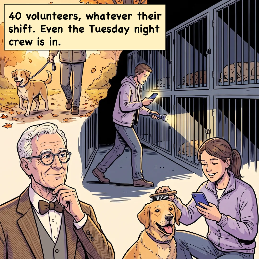 Comic panel 2 of 4. Caption: 40 volunteers, whatever their shift. Even the Tuesday night crew is in.