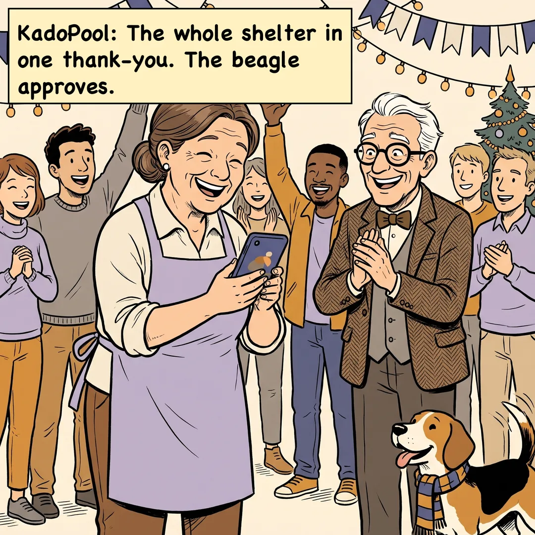 Comic panel 4 of 4. Caption: KadoPool: The whole shelter in one thank-you. The beagle approves.