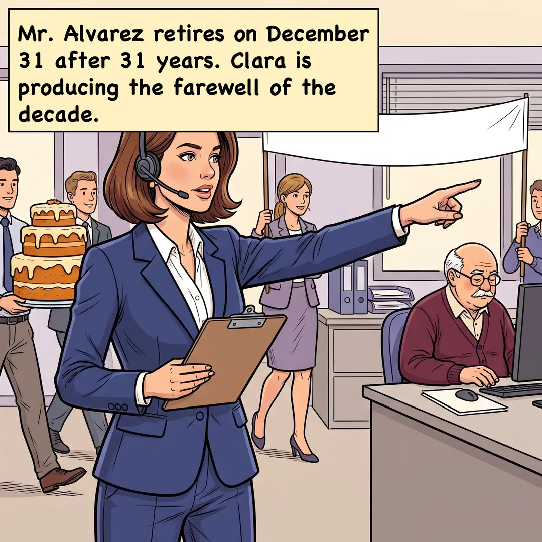Comic panel 1 of 4. Caption: Mr. Alvarez retires on December 31 after 31 years. Clara is producing the farewell of the decade.