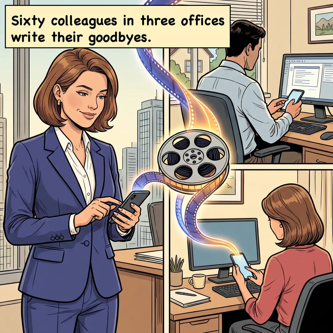 Comic panel 2 of 4. Caption: Sixty colleagues in three offices write their goodbyes.