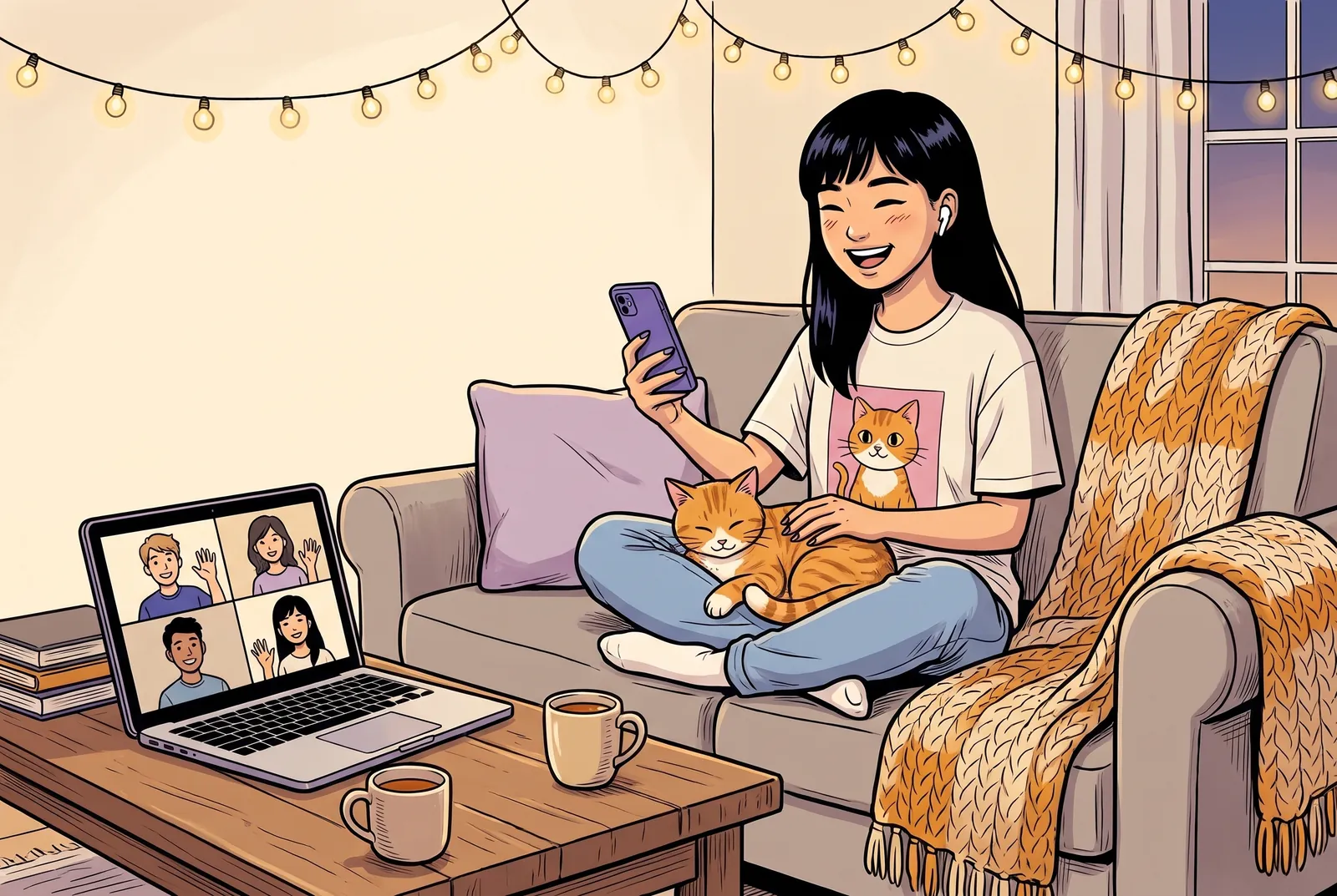 Yuki on her couch with her cat, on a video call with her friends