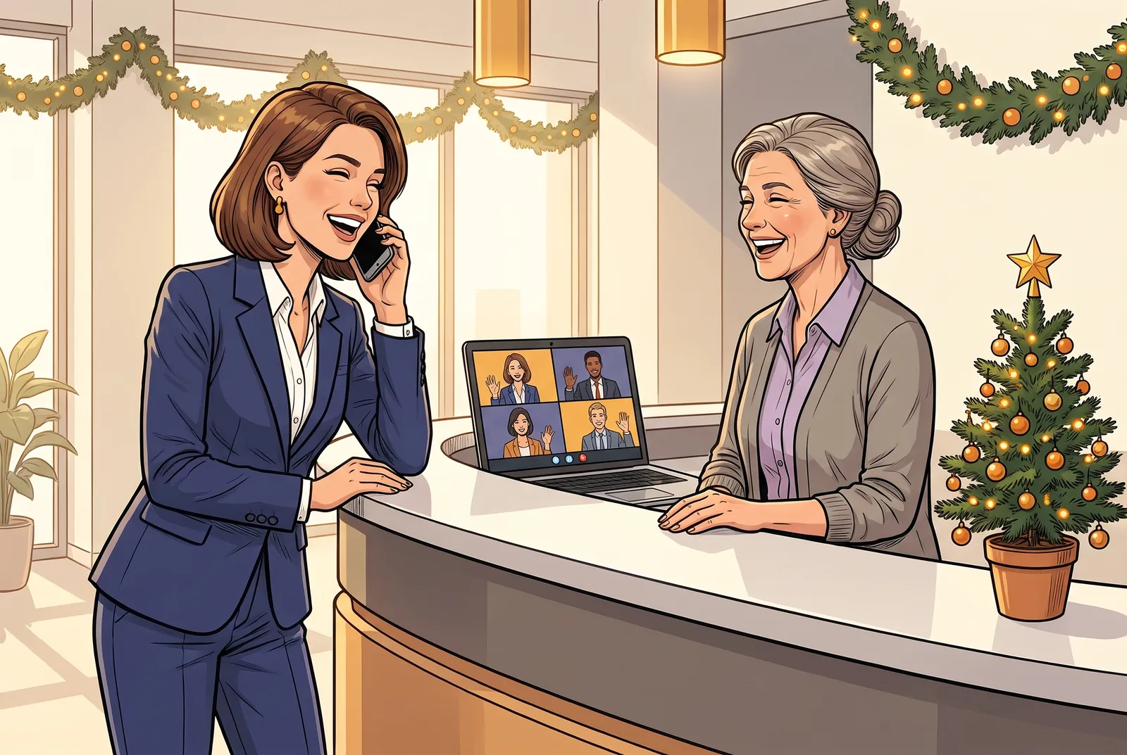 Clara at the office front desk with Rosa, the receptionist, colleagues waving from a video call