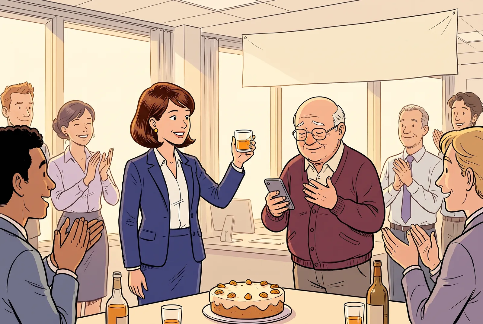Clara raising a glass at a colleague's retirement party while he reads his messages