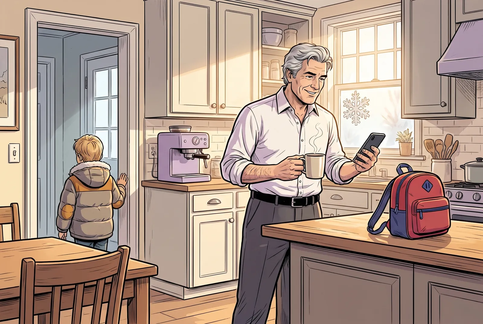 Marc, a room parent, starting the class gift on his phone over his morning coffee