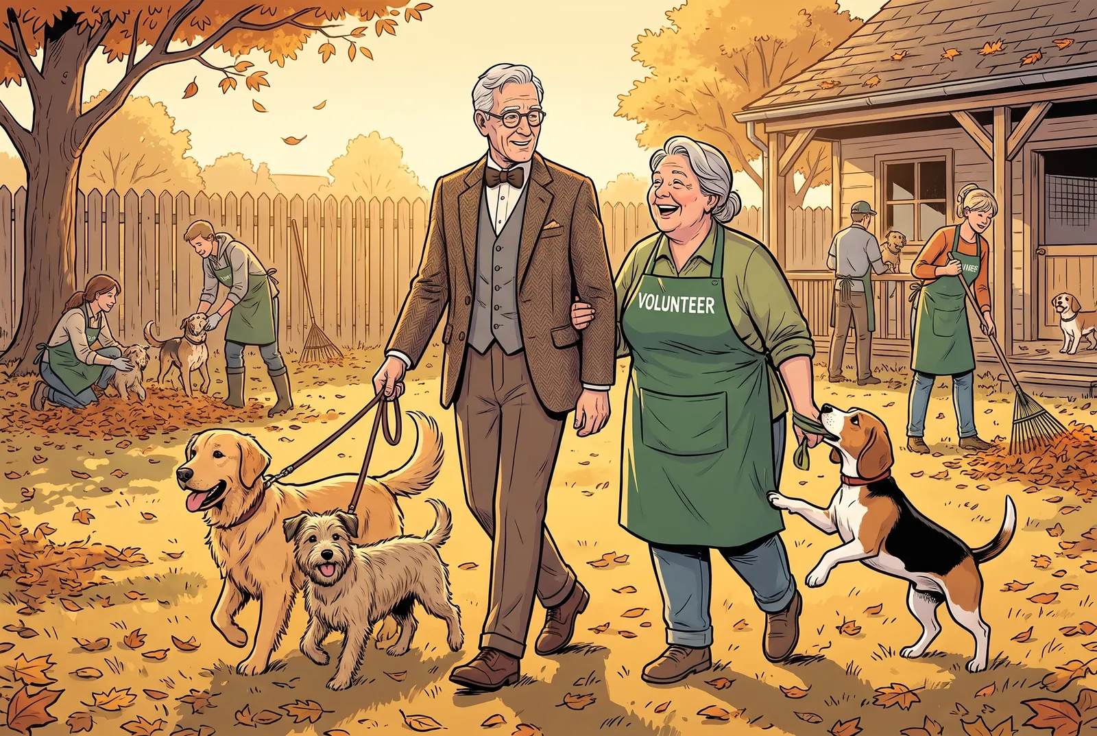 Henry and Dolores walking dogs in the shelter's yard with volunteers