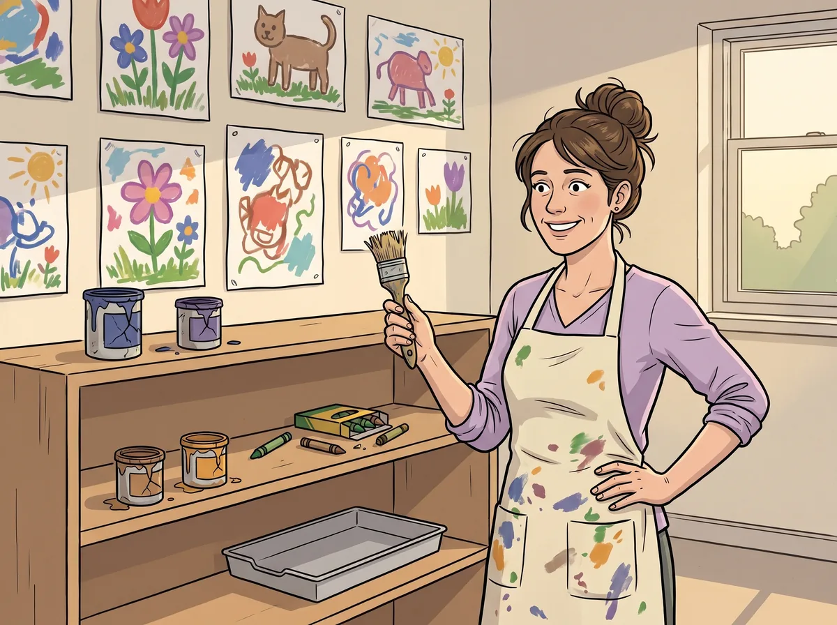 An art teacher with a single worn brush smiles in front of nearly empty supply shelves