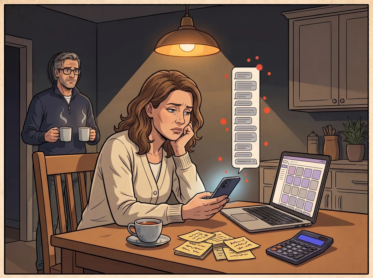 Late at night, a mother at the kitchen table stares at a phone full of payment reminders while her husband watches from the doorway with two mugs of tea
