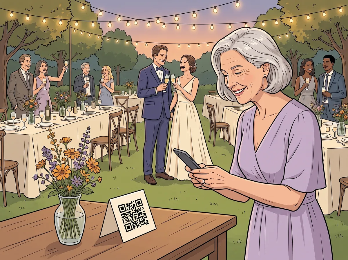 At a garden wedding reception, a guest scans the QR code on a table card while the newlyweds toast behind her